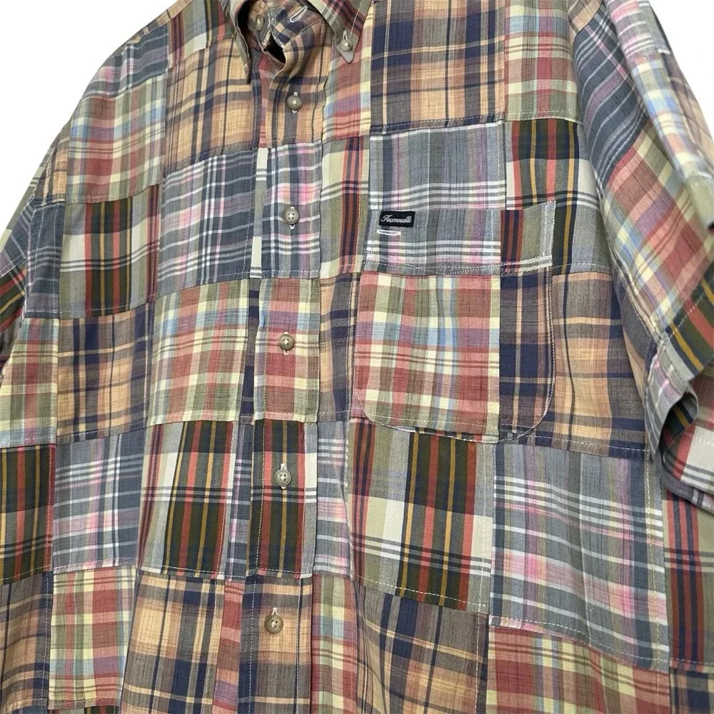 Faconnable Men’s L Cotton Mixed Plaid Patchwork Short Sleeve Iconic Shirt